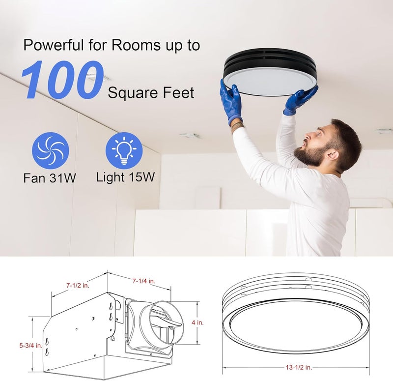 Akicon Bathroom Exhaust Fan with Light, 110CFM, 2.0 Sones for Ceiling, 1000lm Dimmable LED Light and 150lm Nightlight Dual Color Bathroom Vent Fan for Home, Round, Black - Image 2